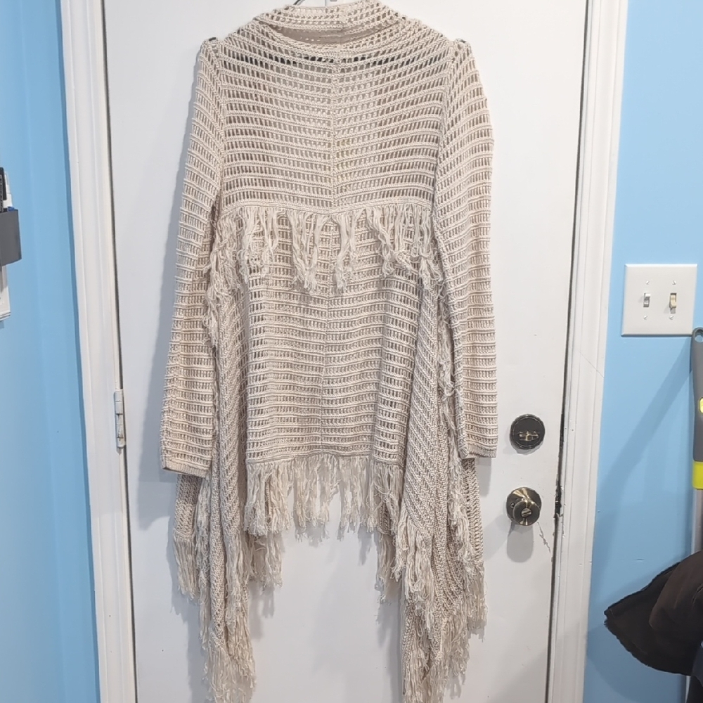 Lucky Brand NEW Cream Knit Duster Open Front Cardigan Boho Fringe Sz Large - Picture 9 of 9